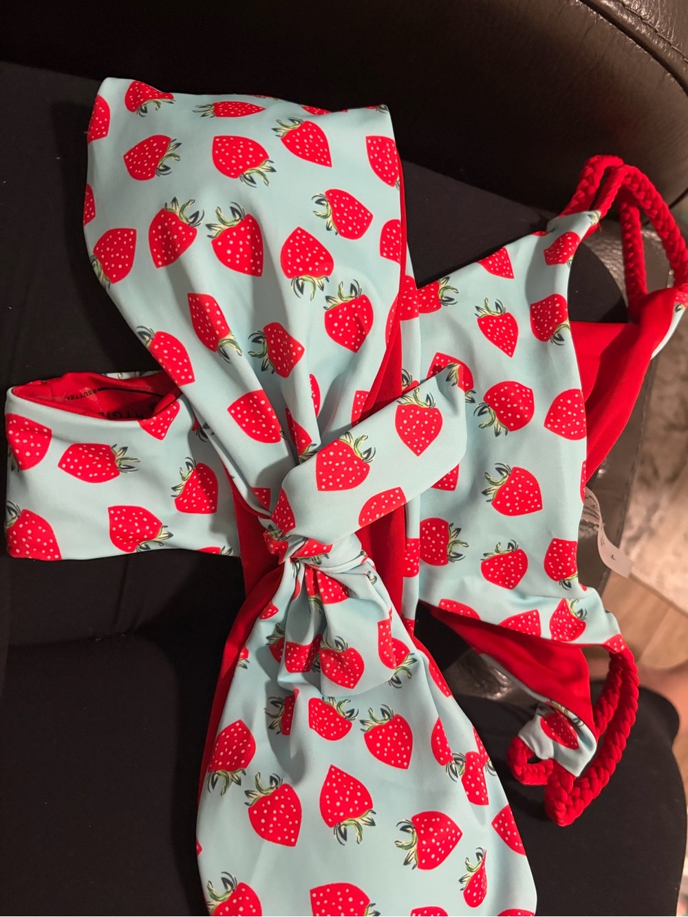 Strawberry Print Bikini Top and Bottom - Red / Light Blue reversible size L